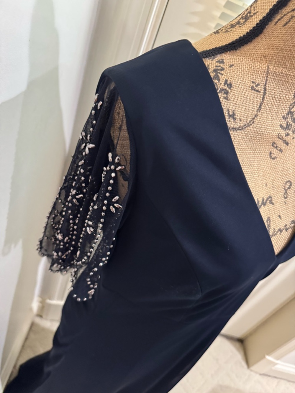 Xscape Dark Navy V-Neck Maxi Dress with Beaded Fringe Sleeves size 14 - Picture 2 of 16